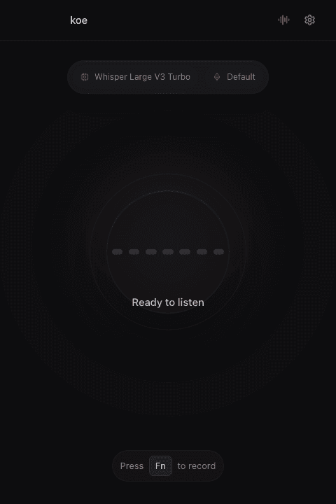 Koe ready to listen with a global Fn shortcut