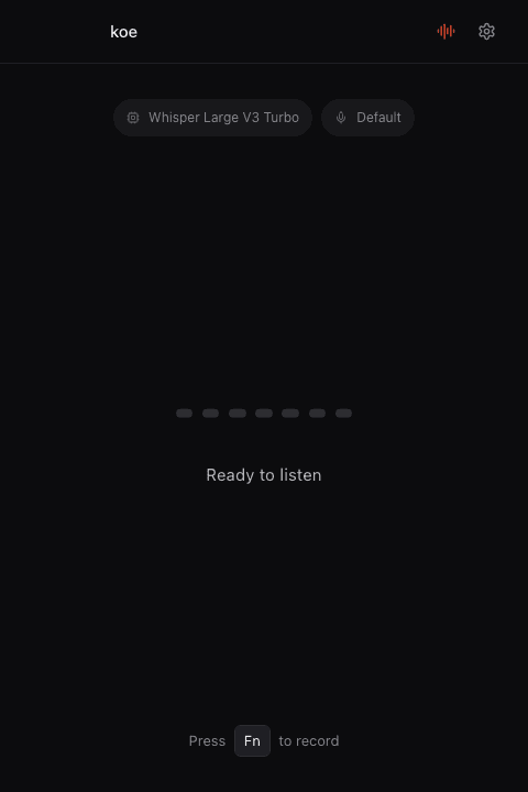 Koe ready to listen with a global Fn shortcut