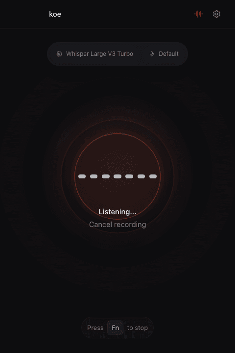 Koe recording a spoken developer prompt