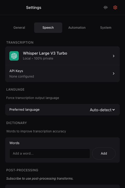 Koe speech settings with model, language, and custom dictionary controls