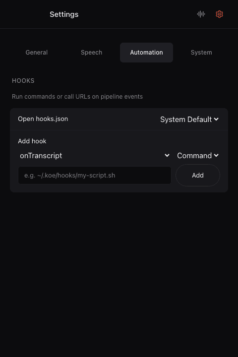 Koe Voice Actions settings with shell command and webhook options